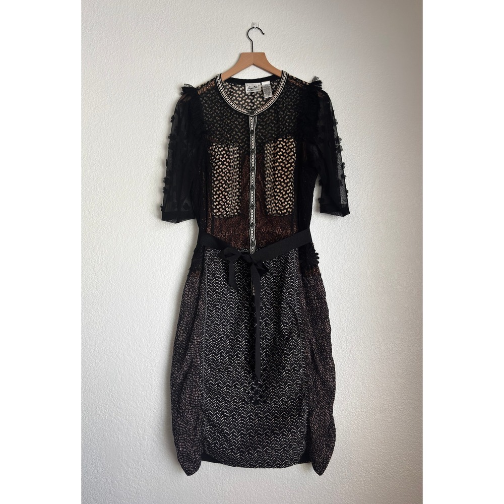 Beguile by Byron Lars — Mixed Media Lace Mesh Midi Dress Black Tan — Size 12